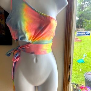 Shein tye dye crop top with tie around medium